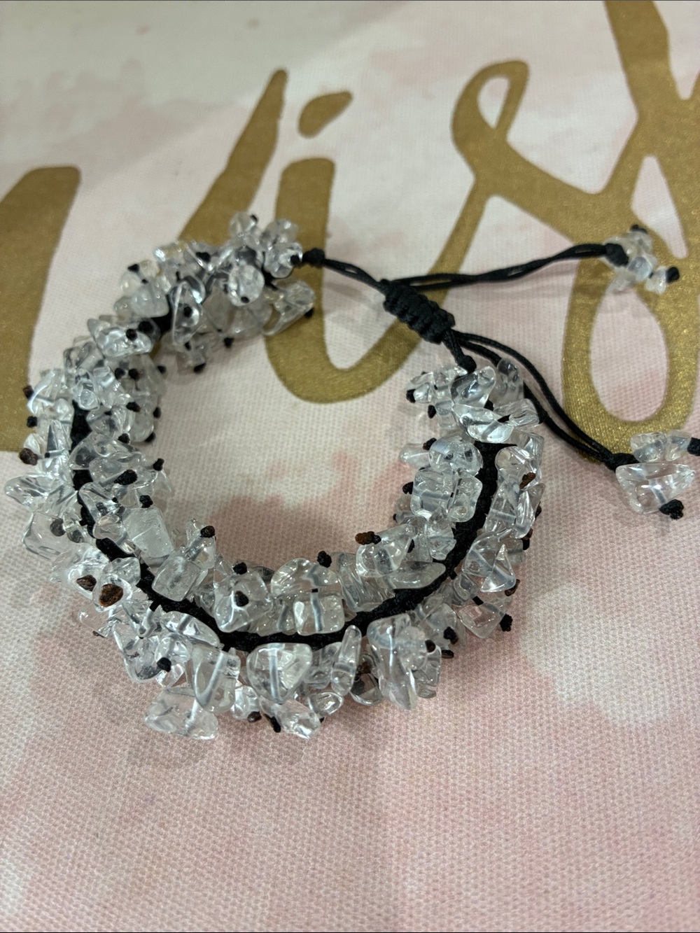 Clear Crystal Chip Beaded Bracelet with Black Cord